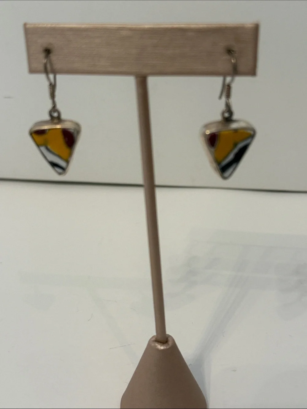 EARRINGS DANGLE DROP PIERCED WIRE STERLING SILVER 925 TRIANGLE POTTERY SLICE